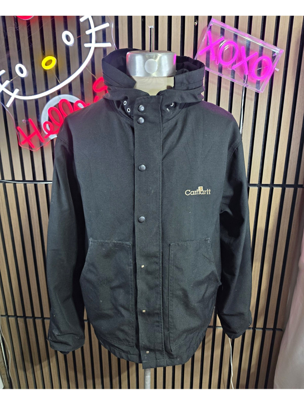 Carhartt Men's Black Hooded Work Jacket Snap & Zip Stand-Up Collar Size L